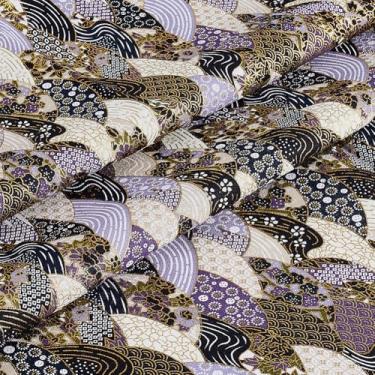 Imagem de MAYJOYDIY Tecido de algodão estilo japonês em forma de leque de 1,1 m 150 cm lilás tecido de escamas de peixe floral patchwork tecido de embrulho estampado acolchoado para artesanato e projetos
