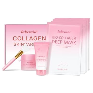 Imagem de SHEEYOON Conjunto de colágeno para a pele, 5 peças de máscara hidratante profunda de bio-colágeno e máscara facial removível e creme de geleia, para uma pele firmadora e brilhante