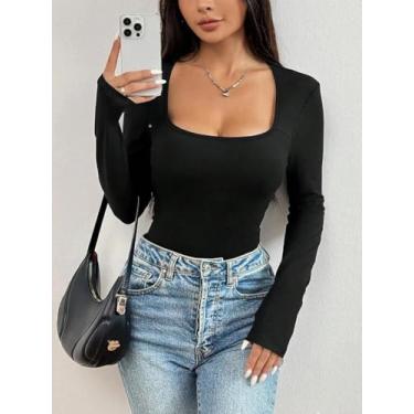 Imagem de Body feminino preto de manga comprida com gola quadrada - sutiã push-up embutido, Preto, Small