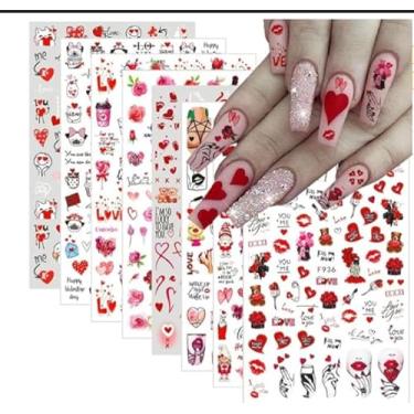 Imagem de 8 folhas de adesivos de arte de unhas para dia dos namorados, autoadesivos, coração, flor, amor, desenhos animados, artesanato de unhas, adesivos de decoração DIY para manicure e scrapbook