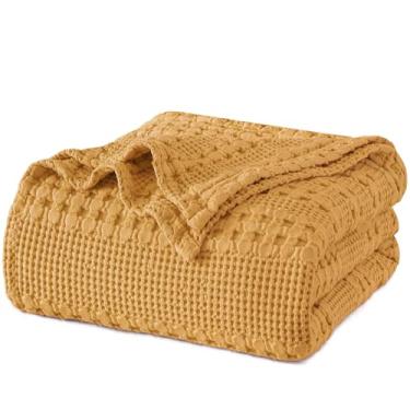 Imagem de Cobertor PHF, 100% algodão, trama favo, casal, leve, respirável, aconchegante, roupa de cama de luxo, para decoração da casa, 167 cm x 228 cm, amarelo gengibre/mel