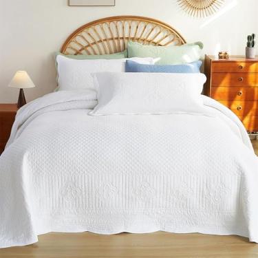 Imagem de Cmfshape Conjunto de cama 100% algodão California King Size branco 289 cm x 259 cm - conjunto de cama com estampa xadrez 3 peças - colcha de microfibra leve pré-lavada - adequado para cama, sofá