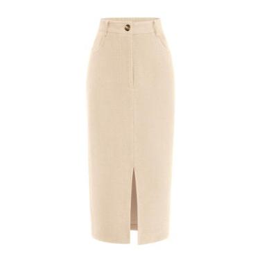 Imagem de Saia lápis midi PRETTYGARDEN de cintura alta, veludo cotelê, bege, fem