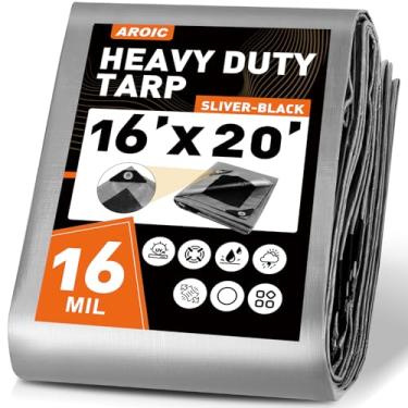 Imagem de AROIC Lona resistente de 16 x 20 m, lona de acampamento impermeável de 16 mm de espessura com trama de 38 x 43 cm, grande lona impermeável resistente a rasgos, resistente a UV, capa protetora multiuso