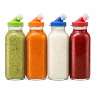 Imagem de KitchenToolz Garrafas de vidro para molho de salada – Garrafa de vidro para salada de 473 ml, pacote com 4 tampas de silicone não metálicas para molhos, marinadas, molhos