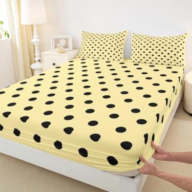 Imagem de Erosebridal Jogo de lençol casal amarelo pálido e preto com bolinhas para meninos e adultos | Jogo de lençol com elástico, geométrico, geométrico, abstrato e preto