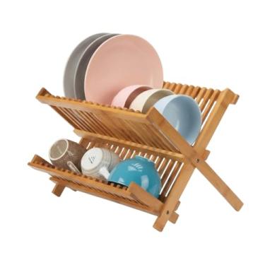 Imagem de Escorredor de Pratos Dobrável em Bambu, Suporte de Pratos de Madeira Natural Com 14 Divisórias