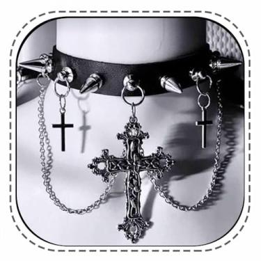 Imagem de Xsoyad Gargantilha com rebite floral vazado cruzado, estilo gótico, colar de couro preto para mulheres, adequado para festas, reuniões, ocasiões especiais, apresentações, festivais de música