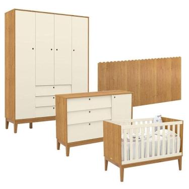 Imagem de Quarto De Bebê Unique 4 Portas Com Cômoda Sapateira E Painel Farm Freijó Off White Eco Wood - Matic