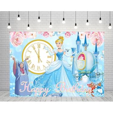 Imagem de ZHJCXYQQK Pano de fundo de princesa para festa de aniversário, 1,5 x 0,9 m, fundo azul para fotos com tema de princesa Cinderela, faixa de chá de bebê para decoração de mesa de bolo de aniversário