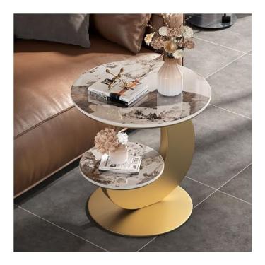Imagem de Mesa lateral de mármore de luxo, mesa de centro redonda de 2 andares, mesa de cabeceira de sofá, mesa de canto lateral com prateleira de armazenamento aberta para mesa de canto de sala de estar (cor:
