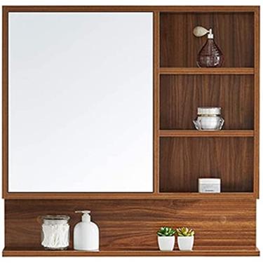 Imagem de pcagfaajmh Espelho de madeira maciça multicamadas armário espelho de banheiro caixa de espelho montada na parede com prateleira (cor: marrom, tamanho: 80 * 78 cm) (marrom 80 * 78 cm)