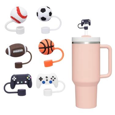 Imagem de Kit 6 Protetores para Canudo para Copos e Garrafas Térmicas – Design de Bola Futebol, Basquete, Tênis, Video Game | Tampa Higiênica Antipoeira, Garrafas Reutilizáveis