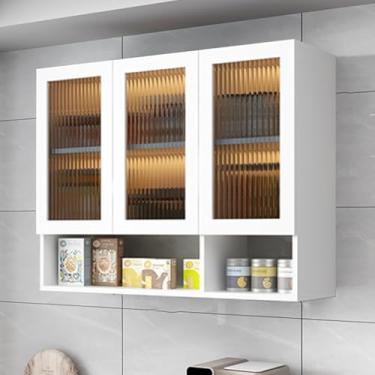 Imagem de Armário de remédios de cozinha de madeira com 2 portas de vidro – armazenamento sobre o vaso sanitário, suporte de exibição de banheiro, organizador de despensa suspenso para banheiro/quarto/cozinha