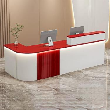 Imagem de Mesa de recepção vermelha moderna com bandeja de teclado para lobbies e salões - Balcão de caixa de varejo com orifício para cabo - 150 x 60 x 100 cm