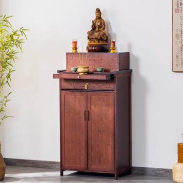 Imagem de Mesa de altar de bambu para meditação, armário vintage de nicho de Buda com armazenamento, mesa de oferta chinesa, design simples (cor pera, 62 x 38 x 120 cm)