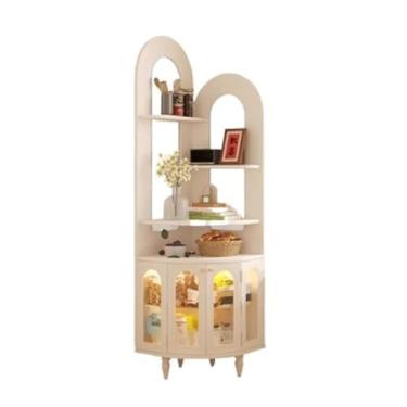 Imagem de CFGH6FDF Estante de canto francês, estante vintage de madeira maciça triangular em forma de leque, armário de armazenamento de sala de estar prateleira de livros independente (branca)