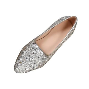 Imagem de Sandálias rasteiras femininas de corte baixo com lantejoulas e bico fino, chinelos confortáveis para primavera, Prata, 36