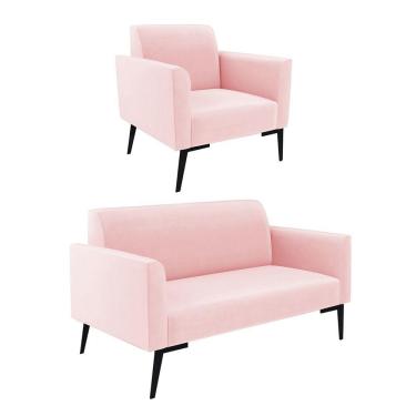 Imagem de Sofá Namoradeira Com Poltrona Pés Villach Marisa Suede D03 - D\'rossi Cor Rosa Bebê