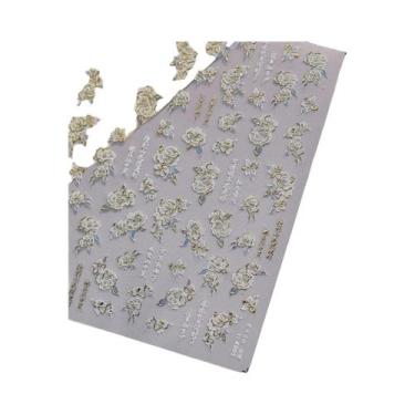 Imagem de Adesivo De Unha 5D Floral Preto E Branco Com Pétalas Douradas Transpar