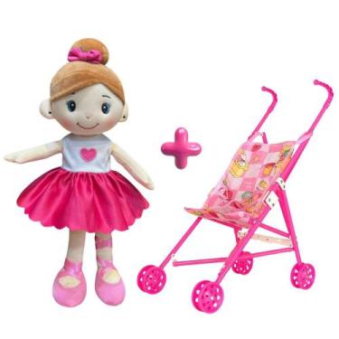 Imagem de Kit Carrinho De Boneca Dobrável Passeio Brinquedo com Boneca de Pelúci