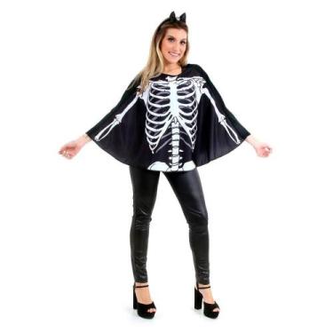 Imagem de Fantasia Poncho Esqueletinha de Halloween Adulta com Tiara - Sulameric