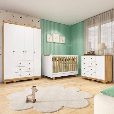 Imagem de Quarto de Bebê Completo Zuri 5 Portas 7 Gavetas 100% Mdf Branco Brilho/Amêndoa - Móveis...