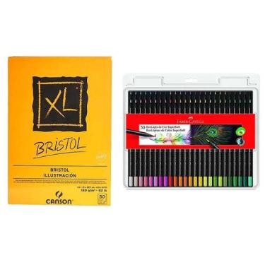 Imagem de Kit lápis de cor 50 cores Supersoft + Papel Bristol 50 fls A4 canson