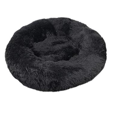 Imagem de Cama calmante para cães e gatos, cama para cães antiansiedade, cama redonda para cães e gatos, cama macia e aconchegante para aquecimento, cama de pelúcia sintética para cães e gatos, preta, 110 x 110 cm