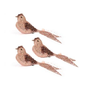 Imagem de Kit Passarinho Natal Full Glitter Pérolas Rosê 16cm 3 Unidades - Magizi