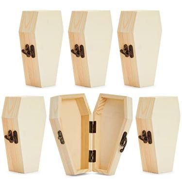 Imagem de Bright Creations Pacote com 6 caixas de caixão de madeira inacabadas com tampas articuladas - Mini caixas de madeira para decoração de caixão para artesanato, lembrancinhas de festa de Halloween e