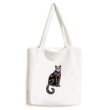 Imagem de Bolsa de lona preta de gato osso coração Halloween atmosfera terror bolsa de compras casual bolsa de mão