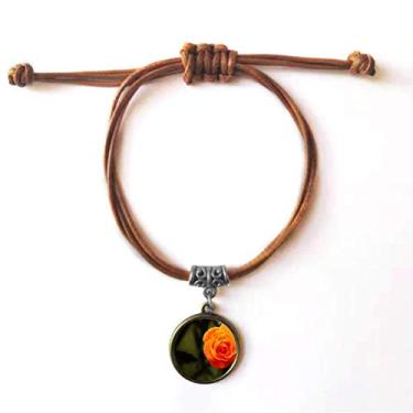 Imagem de DIYthinker Pulseira de couro com estampa de folhas verdes escuras laranja pulseira de couro marrom joia presente