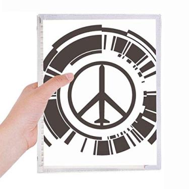 Imagem de Caderno com estampa de avião, símbolo da paz, desenho antiguerra e folhas soltas, diário recarregável, papelaria