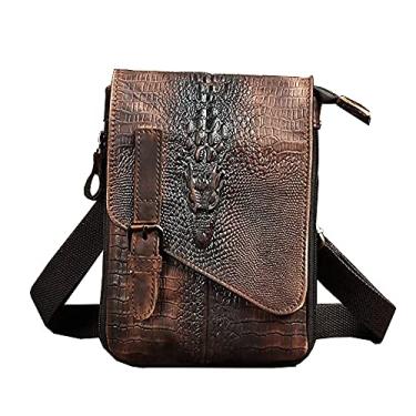 Imagem de Le'aokuu bolsa masculina de couro genuíno pequena bolsa de ombro carteiro bolsa de telefone cinto cintura bolsa de cintura 6402, Large Crocodile Dark Brown, Medium