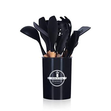 Imagem de Jogo Utensílios de Cozinha Silicone Cabo de Madeira MM House (Preto)