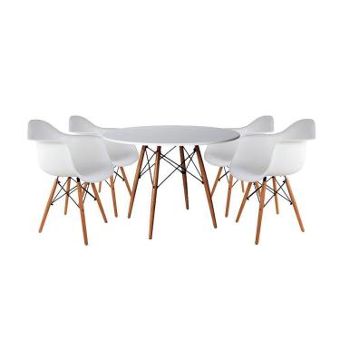 Imagem de Mesa de Jantar Redonda Eiffel Eames em Madeira 90cm Branca com 4 Poltronas Brancas