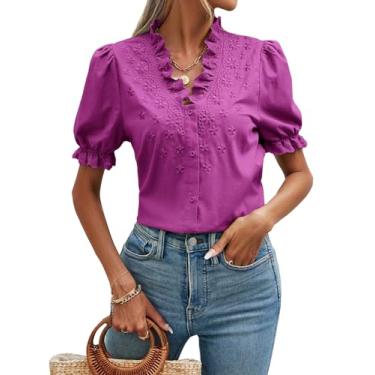 Imagem de MakeMeChic Blusa feminina casual com decote em V e botões frontais, com inserção de renda e manga bufante, Vermelho violeta, PP