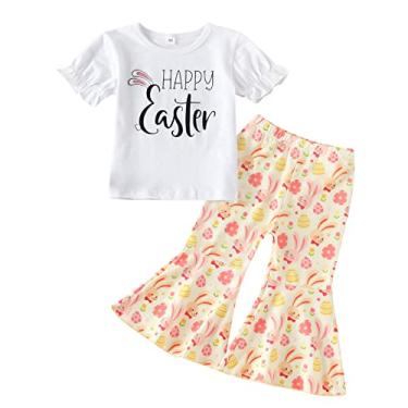 Imagem de Camiseta infantil com estampa de coelho de manga curta para meninas de Páscoa e calças de sino para bebês meninas, Branco, 2-3 Anos