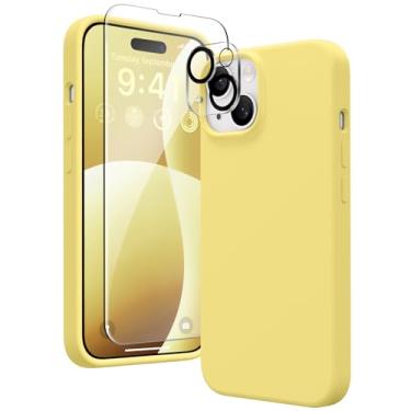 Imagem de GONEZ Capa de silicone líquido compatível com iPhone 15, capa de silicone líquido com [3 protetores de tela + 3 projetores de lente de câmera], forro de microfibra macio antiarranhões à prova de choque capa de telefone fina 6.1, amarela