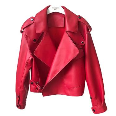 Imagem de Jaqueta de couro retrô primavera outono macia lapela solta casaco curto chique um botão motociclista roupas grandes, Vermelho, M(Bust:104cm)