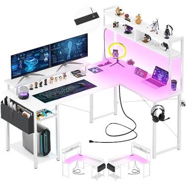 Imagem de Aheaplus Mesa pequena em forma de L com porta de carregamento e faixa de LED, mesa de jogos reversível em forma de L, mesa de computador com suporte para monitor e prateleira de armazenamento, mesa de