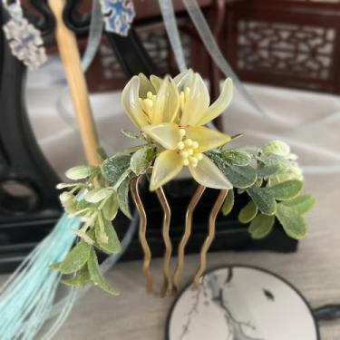 Imagem de 1 peça rabithenn Narciso com folhas Grampo de Cabelo Estilo Hanfu Chinês Flor Retrô com Clipe de Cabelo Feito à Mão de Resina Acessórios de Cabelo para Mulheres Meninas Cabelo Longo (Narciso)