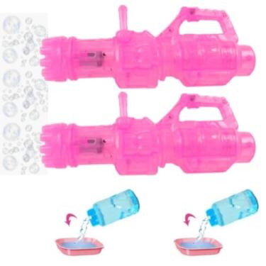 Imagem de KIT 2 Lança Bolhas DE Sabão Pistola Bazuca ARMA De Brinquedo A Pilha FAZER BOLHAS AUTOMÁTICA SOPRO 13 FUROS AUTO VOLUME DE BOLHAS ELETRICA BOLINHA MAQUINA ARMINHA metralhadora luz e som 24CM (ROSA)