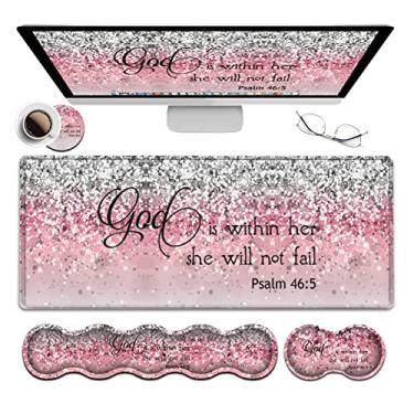 Imagem de Tapete de mesa, mouse pad grande para jogos almofadas de escrita espessas estendidas, descanso de pulso de teclado ergonômico com base de borracha antiderrapante tapete de mesa de escritório 80 cm × 11,8 cm, salmo 46 – 5 versículos rosa cintilantes glitter mousepad