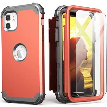 Imagem de IDweel Capa para iPhone 11 com protetor de tela (vidro temperado), híbrido 3 em 1 à prova de choque, ajuste fino, proteção resistente, capa de policarbonato rígido de silicone macio, capa de corpo inteiro, laranja/cinza escuro