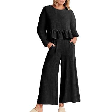 Imagem de Conjunto feminino de verão de 2 peças, de linho, manga curta, conjuntos combinando e calça longa 2024, Zb1-preto, X-Large