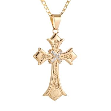 Imagem de HZMAN Colar de cruz para mulheres, retrô, banhado a ouro 24K, crucifixo, joia para presente
