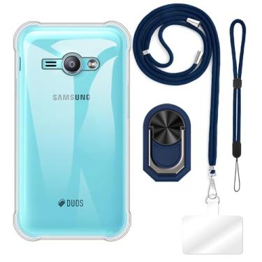 Imagem de Capa projetada para Samsung Galaxy J1 Ace (4,3 polegadas) + cordões de pescoço e tiracolo ajustáveis, alça de pulso macia e suporte de anel de dedo estilo mecha com suporte