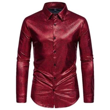 Imagem de Camisa masculina de manga comprida com bronze vermelho brilhante para festa discoteca, fantasia, festa, casamento, palco, camisa masculina, Vermelho, M